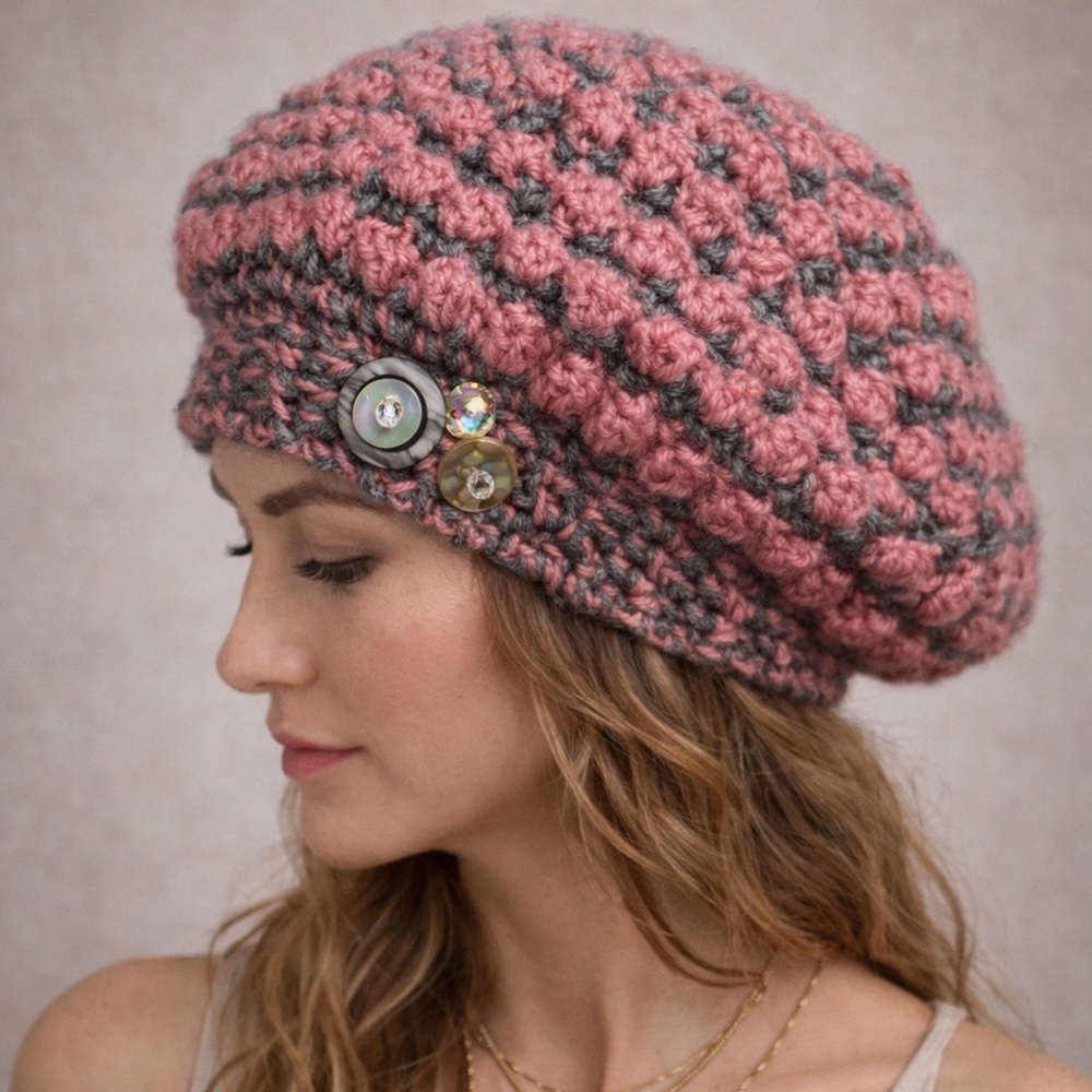 Handmade Crocheted Beret Hat‎ Pink Gray Popcorn Stitch Beaded Buttons Boho Artsy
